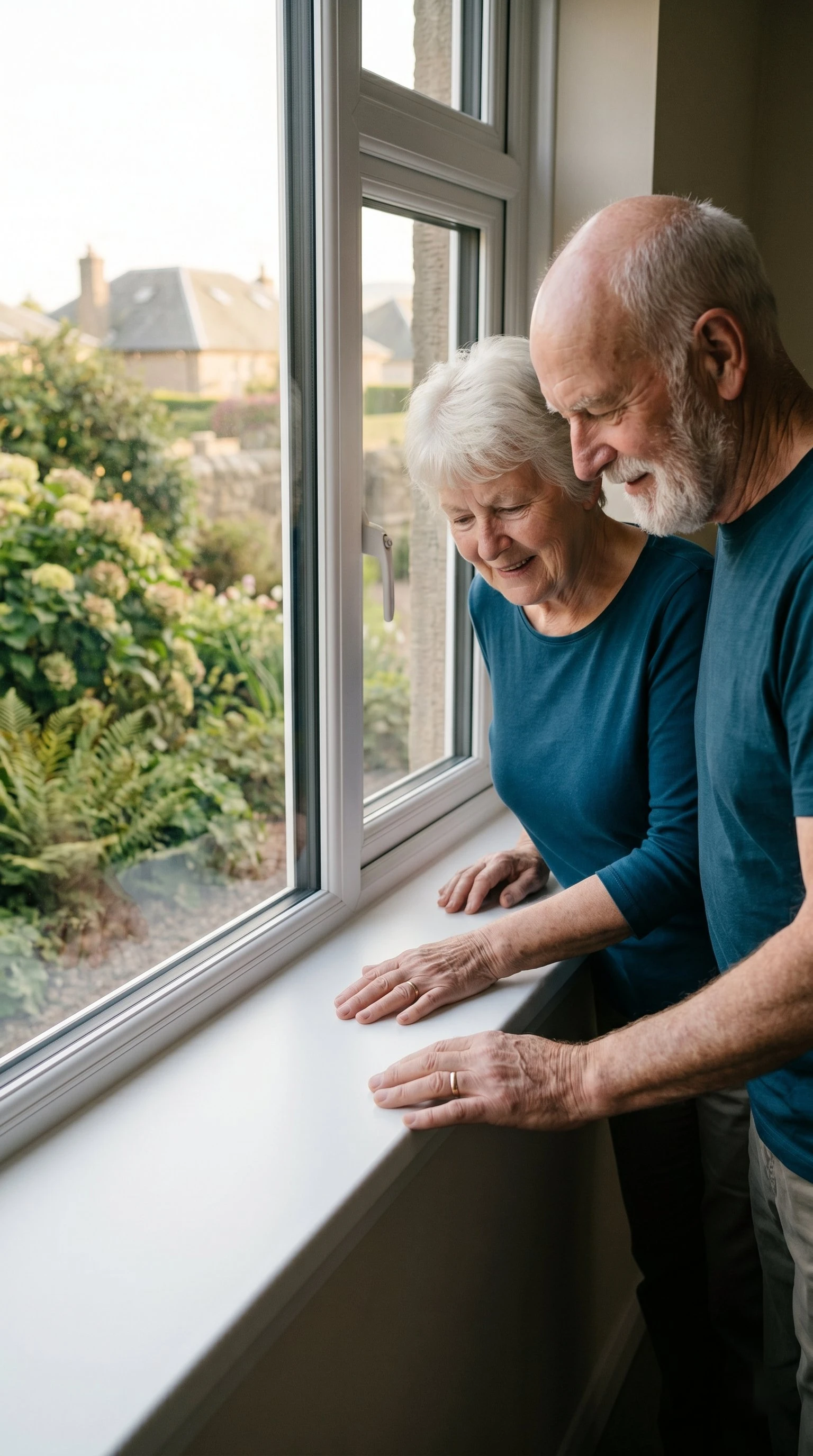 Couple admiring view through newly installed uPVC windows in their Scottish home